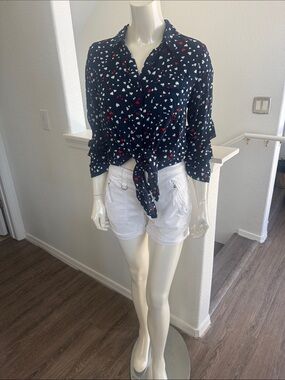 Love Notes Navy Button-Down Shirt with Red & White Heart Print